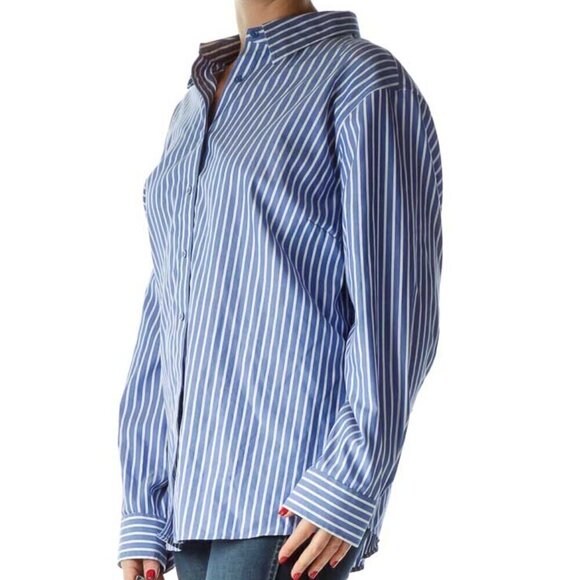 Jones New York Blue White Pinstripe Collared Shirt - Picture 2 of 3